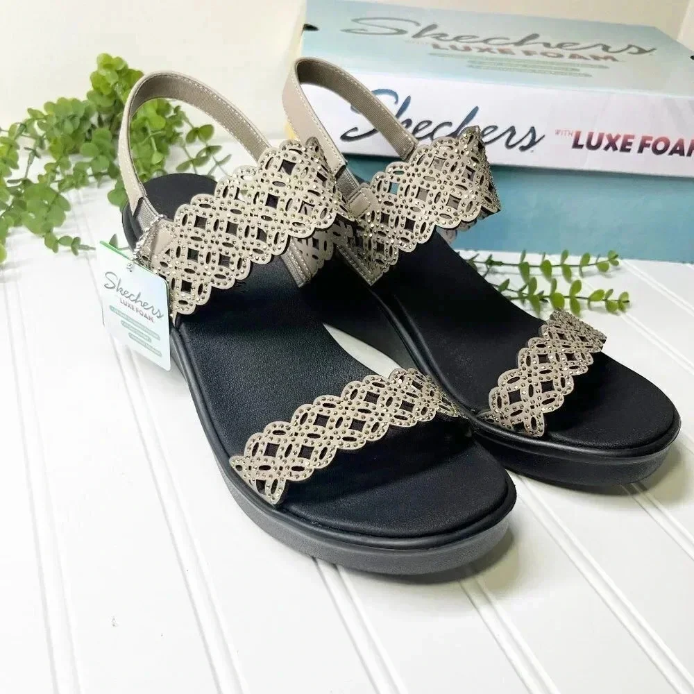 Skechers Black & Gold Sparkle Vegan Strappy Lightweight Wedges Women's Size 10